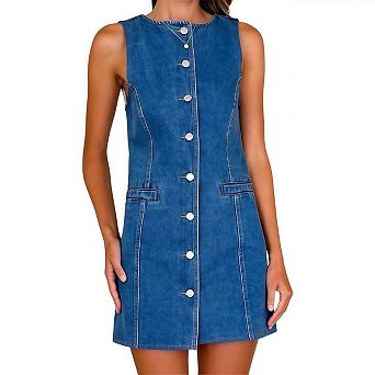 Womens Casual Summer Jean Mini Dress Sleeveless Button Down Denim Overalls with Pocket