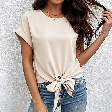 Womens Round Neck Knotted Hem Blouse Rolled Cap Sleeves Back Keyhole Casual Tops