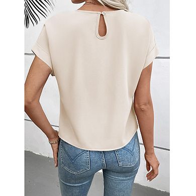 Womens Round Neck Knotted Hem Blouse Rolled Cap Sleeves Back Keyhole Casual Tops