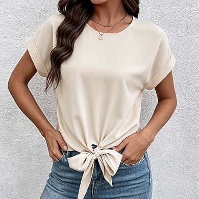 Womens Round Neck Knotted Hem Blouse Rolled Cap Sleeves Back Keyhole Casual Tops
