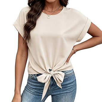 Womens Round Neck Knotted Hem Blouse Rolled Cap Sleeves Back Keyhole Casual Tops
