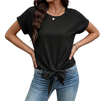 Womens Round Neck Knotted Hem Blouse Rolled Cap Sleeves Back Keyhole Casual Tops
