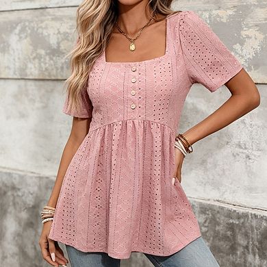 Womens Square Neck Eyelet Peplum Top Short Puff Sleeve Button Front Tops
