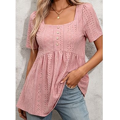 Womens Square Neck Eyelet Peplum Top Short Puff Sleeve Button Front Tops