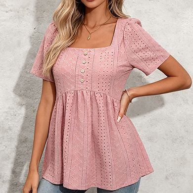 Womens Square Neck Eyelet Peplum Top Short Puff Sleeve Button Front Tops