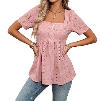 Womens Square Neck Eyelet Peplum Top Short Puff Sleeve Button Front Tops