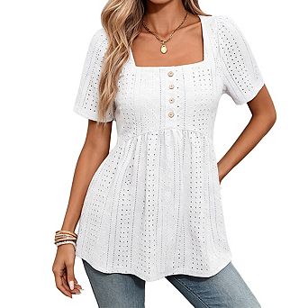 Womens Square Neck Eyelet Peplum Top Short Puff Sleeve Button Front Tops