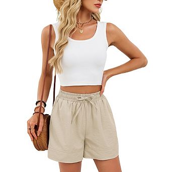 Women's High Waisted Drawstring Casual Shorts Elastic Waist Loose Fit Summer Shorts with Pockets