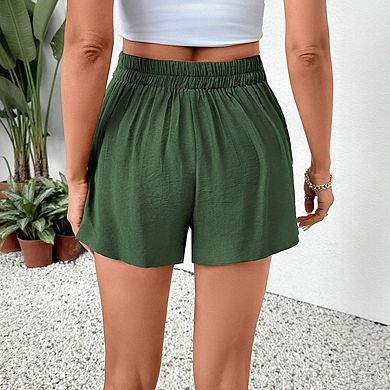 Women's High Waisted Pleated Casual Shorts with Decorative Buttons and Side Pockets