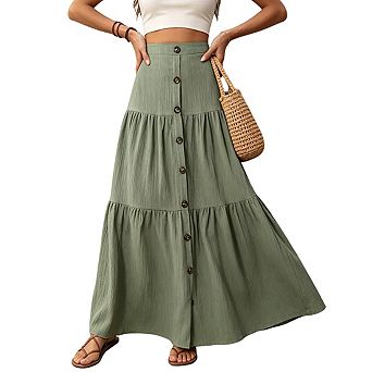 Womens High Waisted Tiered Maxi Skirt Button Fron Elastic Back Waistband Casual Skirts
