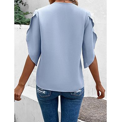 Womens V Neck Lace Trim Blouse Batwing Style Dolman Sleeve Elegant Tops