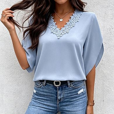 Womens V Neck Lace Trim Blouse Batwing Style Dolman Sleeve Elegant Tops