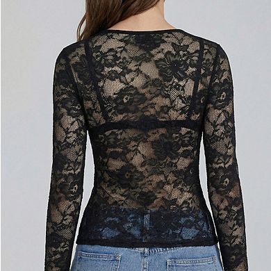 Womens Lace Top Sheer Floral V Neckline Long Sleeve