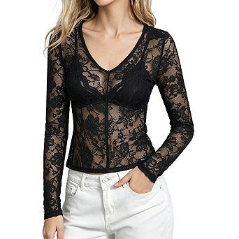 Womens Lace Top Sheer Floral V Neckline Long Sleeve