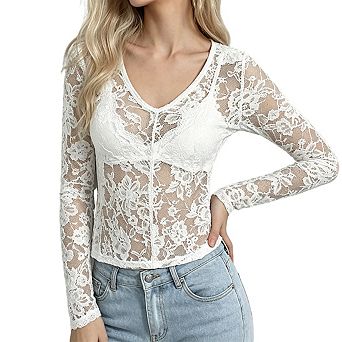 Womens Lace Top Sheer Floral V Neckline Long Sleeve
