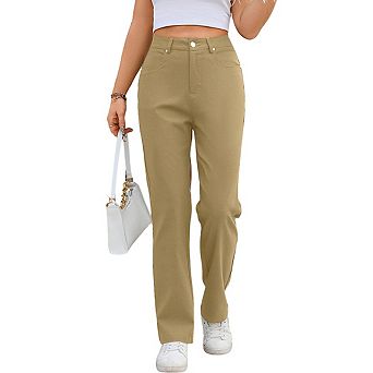 Women's High Waisted Straight Leg Pants Casual Stretch Work Trousers with Pockets