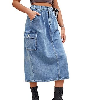 Women Cargo Y2K High Waist Casual A-Line Midi Jean Skirt
