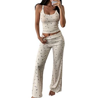 Women 2 pc Set Sleeveless Cami Crop Top and Pants Y2K Floral Print Lounge Set