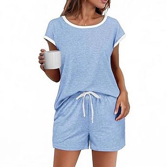 Women Outfits Crew Neck Short Sleeve Matching Lounge Sets with Pockets