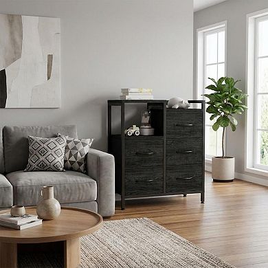 5-Drawer Mobile File Cabinet with Open Storage Shelf Fabric Lateral Filing Cabinet for Home Office