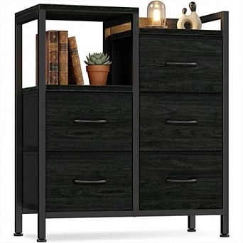 5-Drawer Mobile File Cabinet with Open Storage Shelf Fabric Lateral Filing Cabinet for Home Office