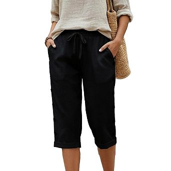 Women's Drawstring Waist Linen Blend Pants with Decorative Side Buttons and Pockets