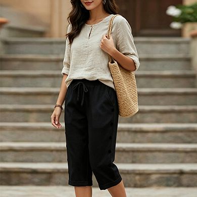 Women's Drawstring Waist Linen Blend Pants with Decorative Side Buttons and Pockets