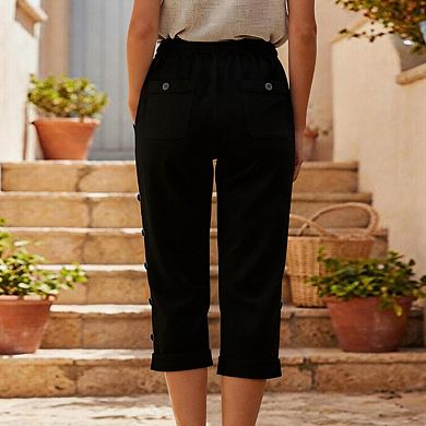 Women's Drawstring Waist Linen Blend Pants with Decorative Side Buttons and Pockets