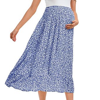 Women's High Waist Smocked Tiered Floral Printed Soft Rayon Loose Maternity Midi Skirt