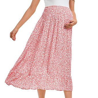 Women's High Waist Smocked Tiered Floral Printed Soft Rayon Loose Maternity Midi Skirt