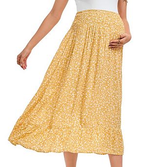 Women's High Waist Smocked Tiered Floral Printed Soft Rayon Loose Maternity Midi Skirt