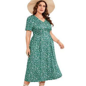 Plus Size Maxi Dress Womens Summer Casual Boho Floral Waist Plus Size Flowy Dress