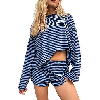 Women's Striped Long Sleeve Pajama Set 2 pc Loungewear Top and Shorts Sports Set