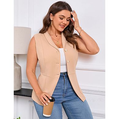 Plus Size Women's Button-Down Blazer Vest Lapel Collar Casual Loose Sleeveless Peplum Blazer
