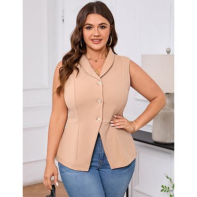 Plus Size Women's Button-Down Blazer Vest Lapel Collar Casual Loose Sleeveless Peplum Blazer