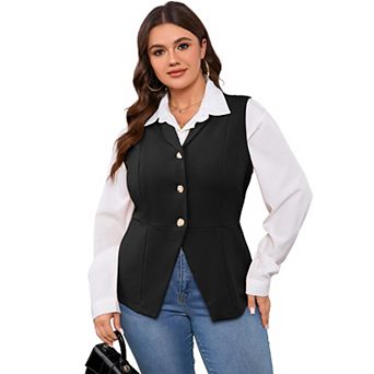 Plus Size Women's Button-Down Blazer Vest Lapel Collar Casual Loose Sleeveless Peplum Blazer