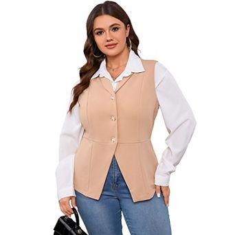Plus Size Women's Button-Down Blazer Vest Lapel Collar Casual Loose Sleeveless Peplum Blazer