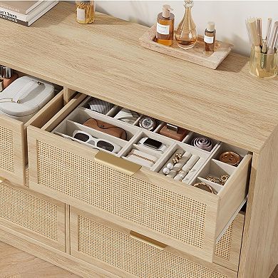 Modern Rattan 6-Drawer Storage Cabinet, Spacious Chest Organizer with Wooden Frame, Metal Handles