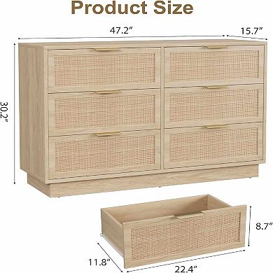 Modern Rattan 6-Drawer Storage Cabinet, Spacious Chest Organizer with Wooden Frame, Metal Handles