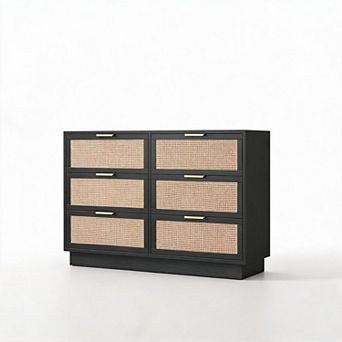 Modern Rattan 6-Drawer Storage Cabinet, Spacious Chest Organizer with Wooden Frame, Metal Handles