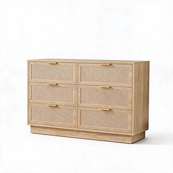 Modern Rattan 6-Drawer Storage Cabinet, Spacious Chest Organizer with Wooden Frame, Metal Handles