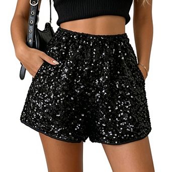 Women Elastic Waist Sequin Sparkle Party Shorts with Side Pockets