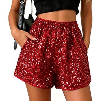 Women Elastic Waist Sequin Sparkle Party Shorts with Side Pockets