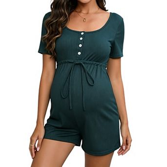 Women Maternity Square Neck Placket Short Sleeve Jumpsuit Casual Pregnancy Romper
