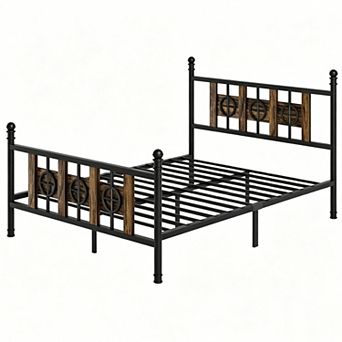Modern Iron Platform Bed Frame with Headboard and Footboard, Sturdy Metal Slats Support