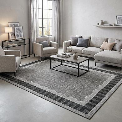 Fashionwu Bordered Solid Rug Runner Rug Washable Pet Friendly Soft Non Slip Carpet for Living Room