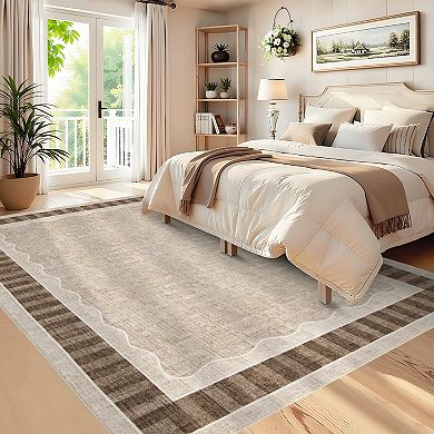 Fashionwu Bordered Solid Rug Runner Rug Washable Pet Friendly Soft Non Slip Carpet for Living Room