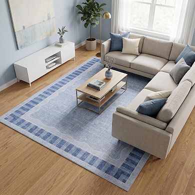 Fashionwu Bordered Solid Rug Runner Rug Washable Pet Friendly Soft Non Slip Carpet for Living Room