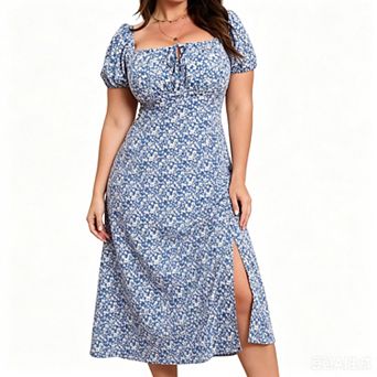 Women Plus Size Floral Dress Square Neck Waist Slimming Casual Floral Midi Dress