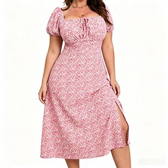 Women Plus Size Floral Dress Square Neck Waist Slimming Casual Floral Midi Dress